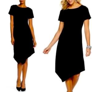 Sharagano Short Sleeve Draped Asymmetric Dress.